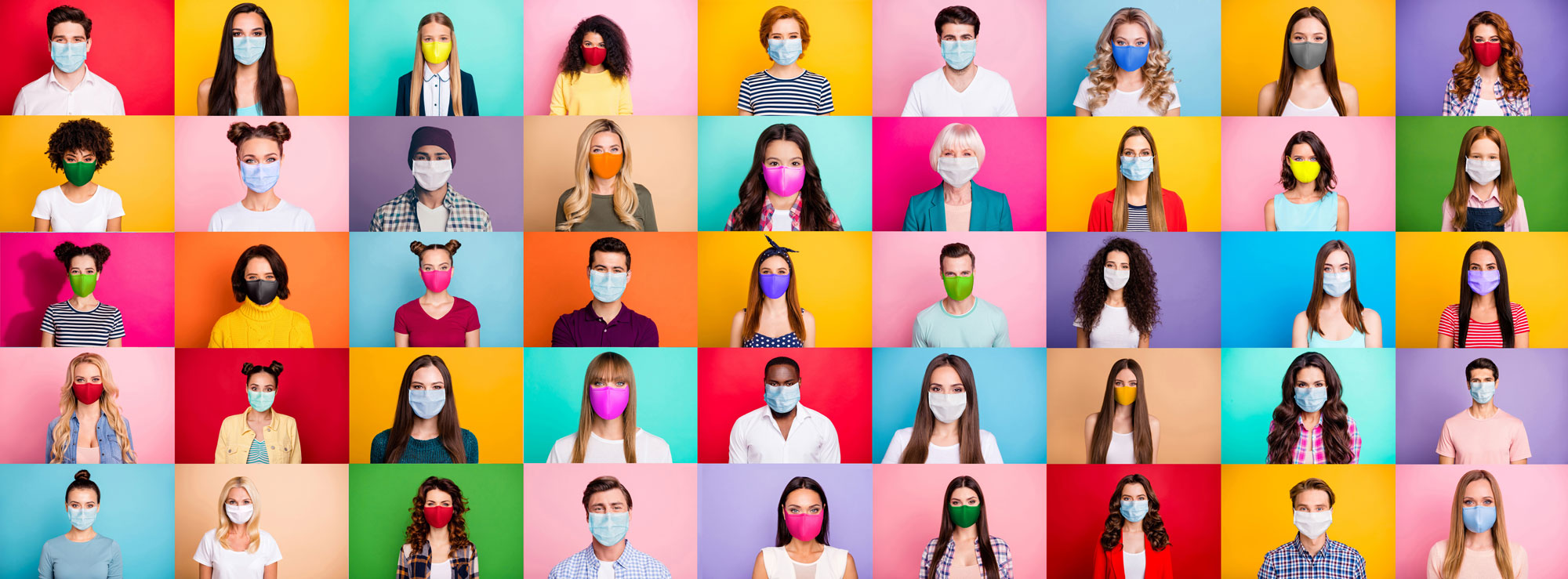 Diverse group of people wearing different colored masks with different colored backgrounds.