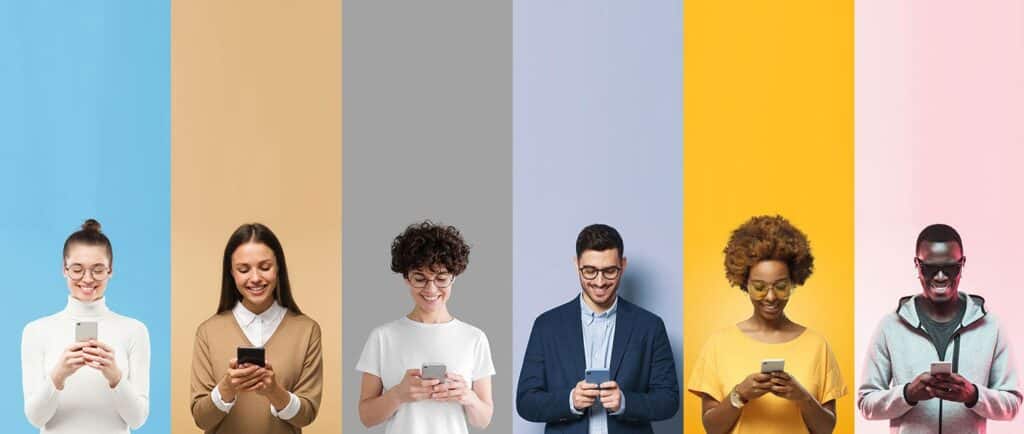 Six diverse people of different ethnicities, isolated with backgrounds in different colors, smiling at their phones.